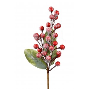 Vánoční větvička červené bobulky s glitry, zasněžené 35 cm