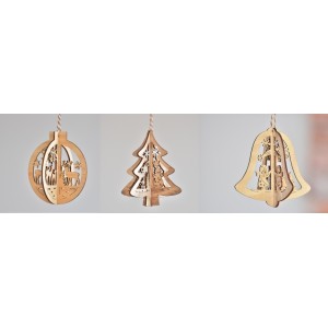 Vánoční ozdoba dřevěná balení 3 ks - baňka, stromeček, zvoneček