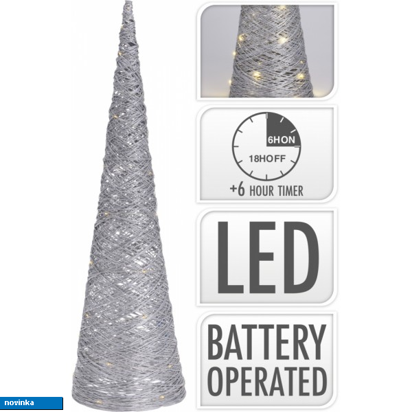 Dekorativní LED kužel Rafia metalický stříbrný 55,5 cm