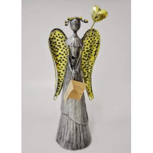 Plechový anděl Wave stříbrný-champagne se srdíčkem, 39cm, LED křídla II jakost