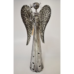 Plechový anděl Hearts svícen, stříbrný s patinou 38,5 cm II. jakost