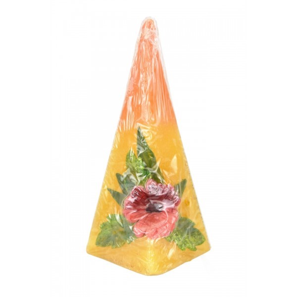 Svíčka pyramida oranžová s bordó kopretinou 14,5x6x6 cm