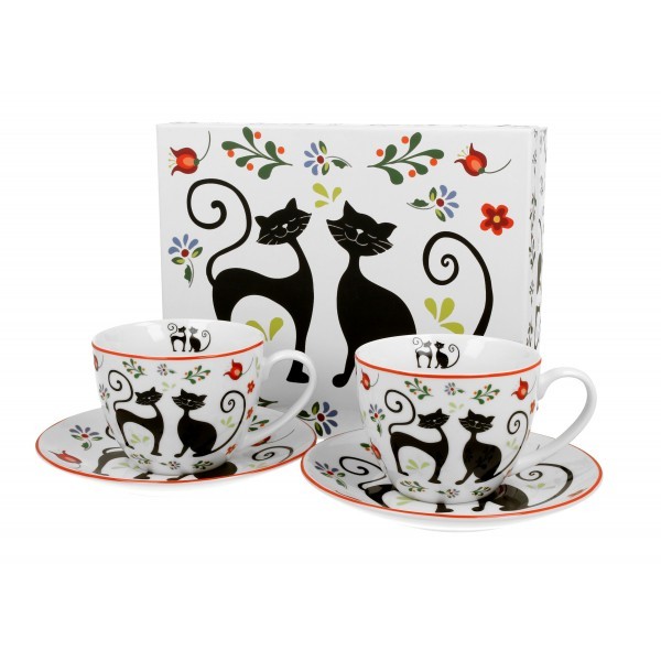 Porcelánový hrnek s podtalířkem Etno cats 280 ml, sada 2 ks v dárkové krabičce