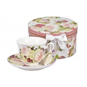 Porcelánový hrnek s podtalířkem Paeonia 200 ml v dárkové krabičce