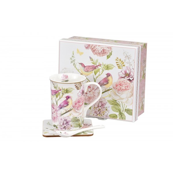 Porcelánový hrnek Birds 300 ml, lžička a podtácek v dárkové krabičce