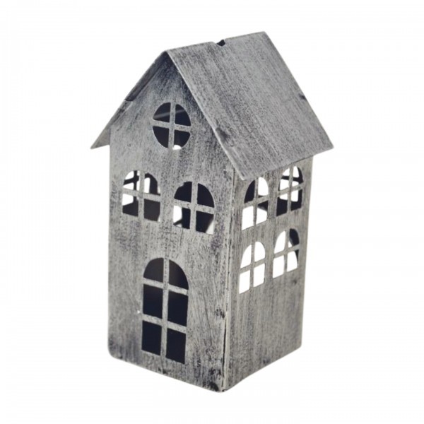 Kovový domeček na čajovou svíčku stříbrný 9x5x4,5 cm
