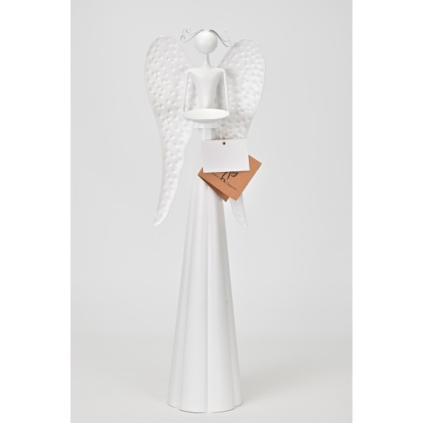 Plechový bílý anděl s kalíškem na svíčku 40 cm, balení 2 ks
