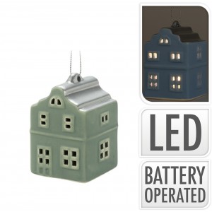 Porcelánový domek zelený s LED osvětlením 7,9x5,5x5,5 cm