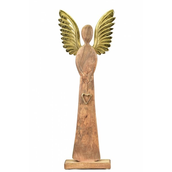 Dřevěný anděl Mango srdce gold s kovovými křídly 115x45x13 cm