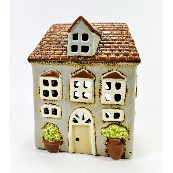 Keramický domek na čajovou svíčku, šedý 16,5x13,5x9,5 cm