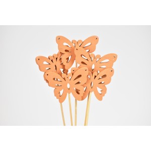Dřevěný motýl na špejli oranžový, sada 5 ks, 30 cm