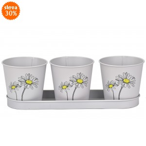 Plechový květináč šedý s kopretinou, sada 3 ks květináčků na tácku