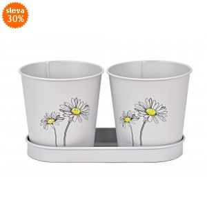 Plechový květináč šedý s kopretinou, sada 2 ks květináčků na tácku