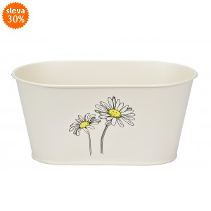 Plechový oválný květináč krémový s kopretinou 11x23x13 cm