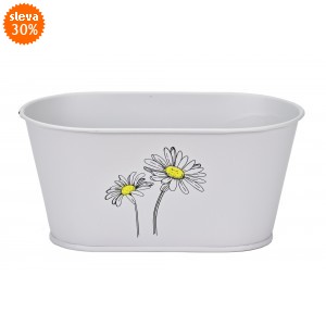 Plechový oválný květináč šedý s kopretinou 11x23x13 cm