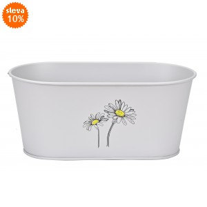 Plechový oválný květináč šedý s kopretinou 12,7x28,5x14,7 cm