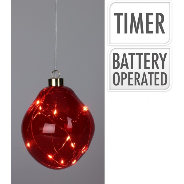 Skleněná LED vánoční baňka nepravidelného tvaru 12 cm, červená