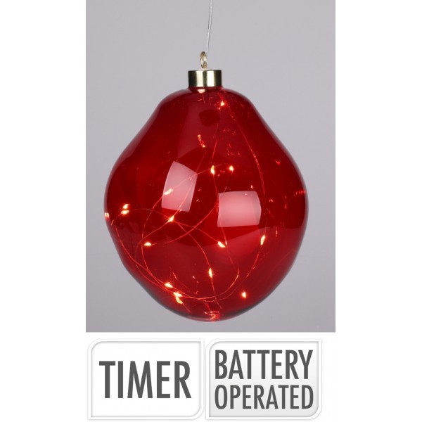 Skleněná LED vánoční baňka nepravidelného tvaru 15 cm, červená