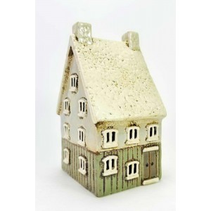 Keramický domek na čajovou svíčku, bílo-zelený 20x12x10,5 cm