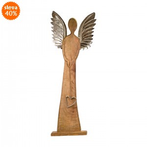 Dřevěný anděl Mango srdce s kovovými křídly 115x45x13 cm M
