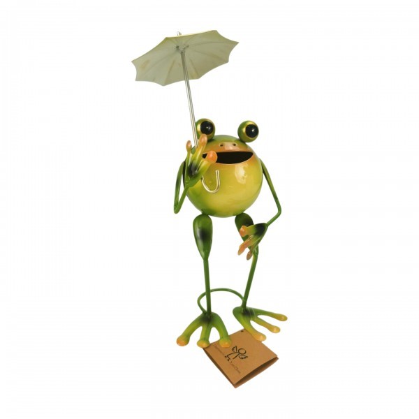 Kovová žába s deštníkem 28 cm zelená