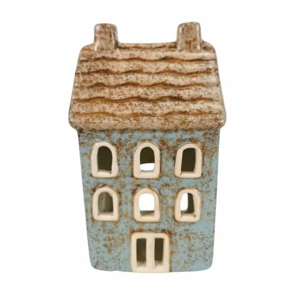 Keramický domeček na svíčku, světle modrý, 14,5 cm