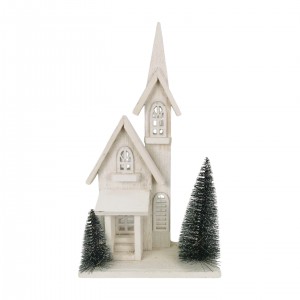 Dřevěný bílý kostel LED, 43 cm