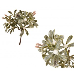 Zelená větvička s bílými bobulemi a sněhovým popraškem 18 cm