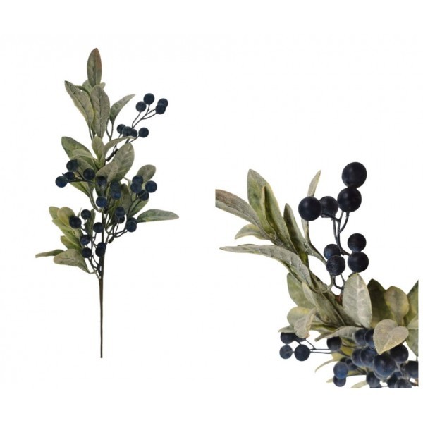 Zelená větvička s temně modrými bobulemi 54 cm, sada 6ks