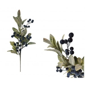 Zelená větvička s temně modrými bobulemi 54 cm, sada 6ks