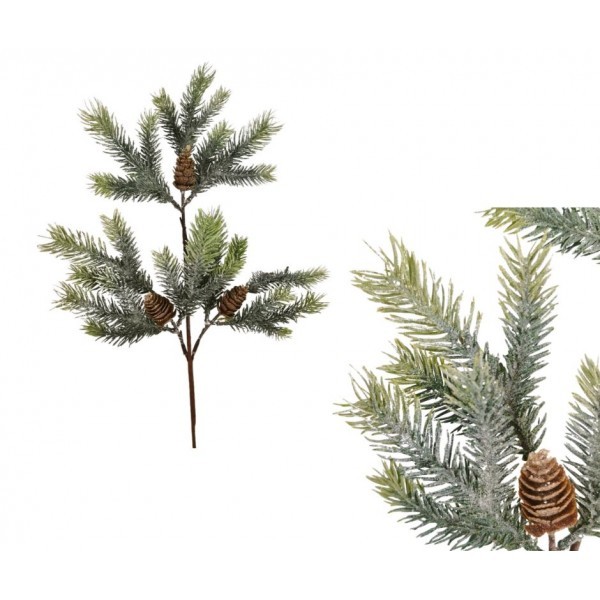 Zelená větvička s jemnou jinovatkou a šiškami 49 cm, sada 9 ks