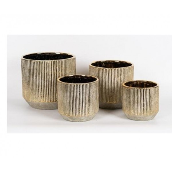 Keramický květináč bílý se zlaceným svislým vzorem, 18,5 x 18,5 x 17 cm