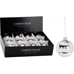 Vánoční skleněná baňka/koule 8 cm, bílostříbrná, sada 12 ks