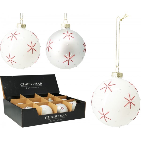 Skleněná baňka/koule matná bílá/champagne s červenými vločkami, 8 cm, sada 12 ks