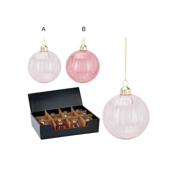 Skleněná vánoční baňka/koule tmavě růžová transparentní 8 cm B, sada 12 ks