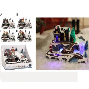 Vánoční LED pohyblivá scenérie B, 24 cm - Santa, vláček, dům