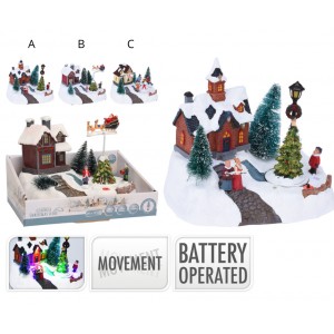 Vánoční LED pohyblivá scenérie B, 18 cm (děti, dům, Santa na saních)