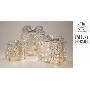 LED dekorace - hranatý stříbrný dárek s mašlí sada 3ks s časovačem