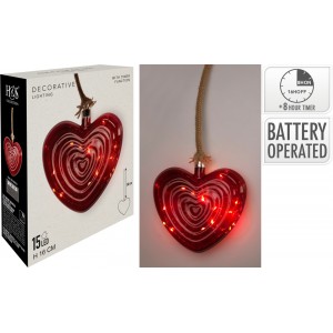 Skleněná LED červené srdce na pověšení s časovačem, 16 cm