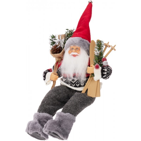 Sedící Santa s pytlem dárků a lyžemi 30 cm - větší obrázek Sedící Santa s pytlem dárků a lyžemi 30 cm