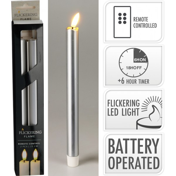 Sada 2ks stříbrných LED svíček s blikajícím plamenem, 25 cm