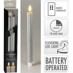 Sada 2ks stříbrných LED svíček s vroubkováním a blikajícím plamenem, 25 cm