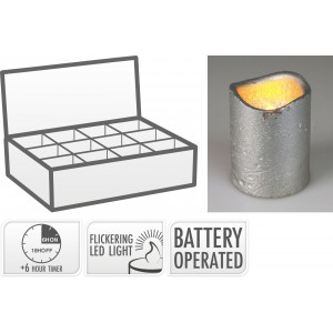 LED svíčka s časovačem a blikajícím knotem stříbrná, 6,5 cm, sada 12 ks