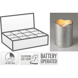 LED svíčka vosk s časovačem a blikajícím knotem stříbrná, 9 cm, sada 12 ks
