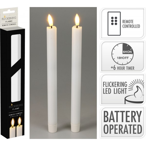 Sada 2ks bílých LED svíček s blikajícím plamenem, 25 cm