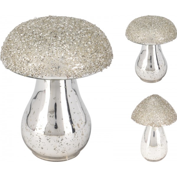 Dekorativní skleněný hřib stříbrný - mix 2 tvarů, 13 x 9 cm
