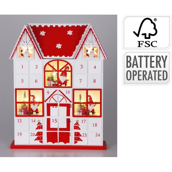 Červenobílý LED adventní kalendář - domeček, 37 cm