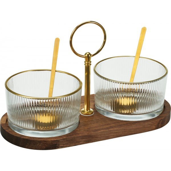 Servírovací sada (5 dílů) se zlatou rukojetí, akáciové dřevo, 21 x 10 x 6,3 cm