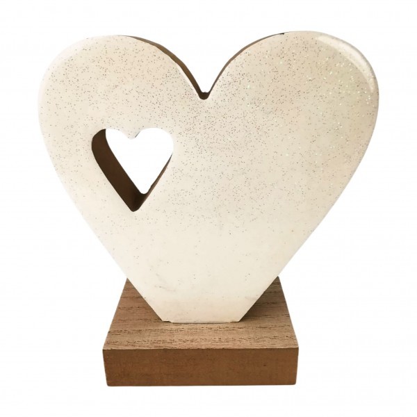Bílé srdce s vykrojeným srdíčkem na podstavci 17 cm