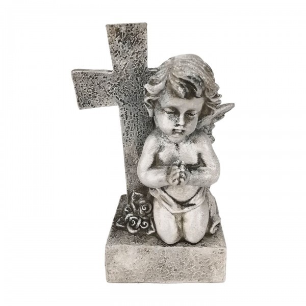Polyresinový šedý klečící anděl u kříže, 8,5 x 5,5 x 13 cm, sada 2ks